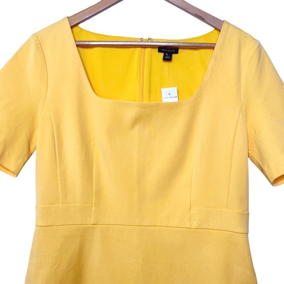 Ann Taylor NWT Yellow Square Neck Womens Short Sleeve Sheath Midi Dress Size 8 - Picture 3 of 8